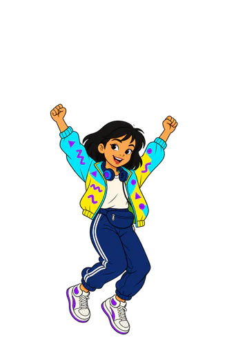 Exploratrice des cassettes de l'univers Années 80-90, une enfant en style dessin animé aux couleurs vives