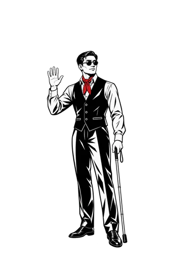 Détective de l'univers Dossier noir, dessiné en noir et blanc avec une cravate rouge, qui salue en tenant sa canne blanche