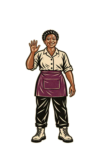 Gardienne des parcelles de l'univers Terroir, en gravure au trait, tablier de vigneronne, qui fait signe de la main