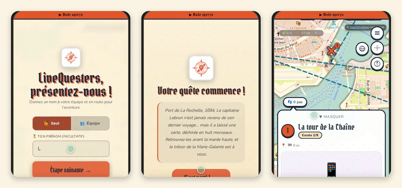 Trois écrans joueur sur téléphone : choix du nom d'équipe, récit d'ouverture dans le décor choisi, première étape sur la carte
