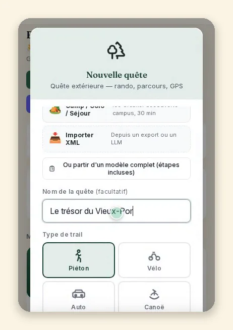 Fenêtre de création d'une quête sur téléphone : nom de la quête tapé au clavier et choix du type de parcours (piéton, vélo, auto, canoë)