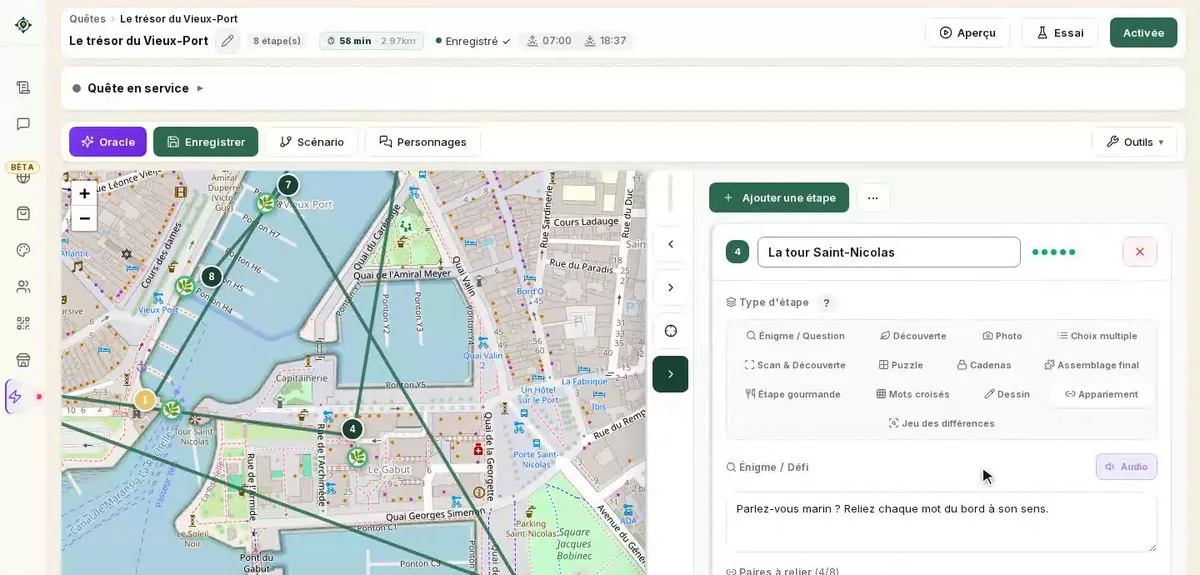 Éditeur de quête : carte de La Rochelle avec le parcours tracé et panneau d'édition d'une étape avec la liste des types d'épreuves