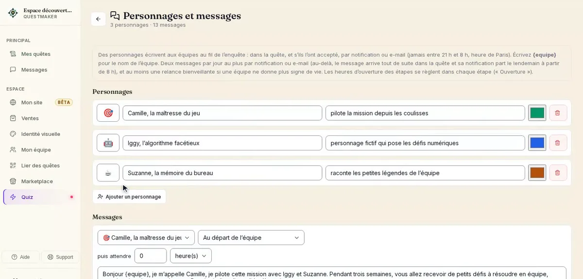 Écran Personnages et messages : trois personnages fictifs avec leur rôle et leur couleur, et le message que le premier envoie aux équipes