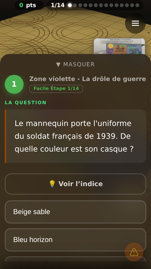 Vue joueur mobile : question affichée plein écran, décor 3D du musée en arrière-plan, tabs Plan 3D / Question en haut