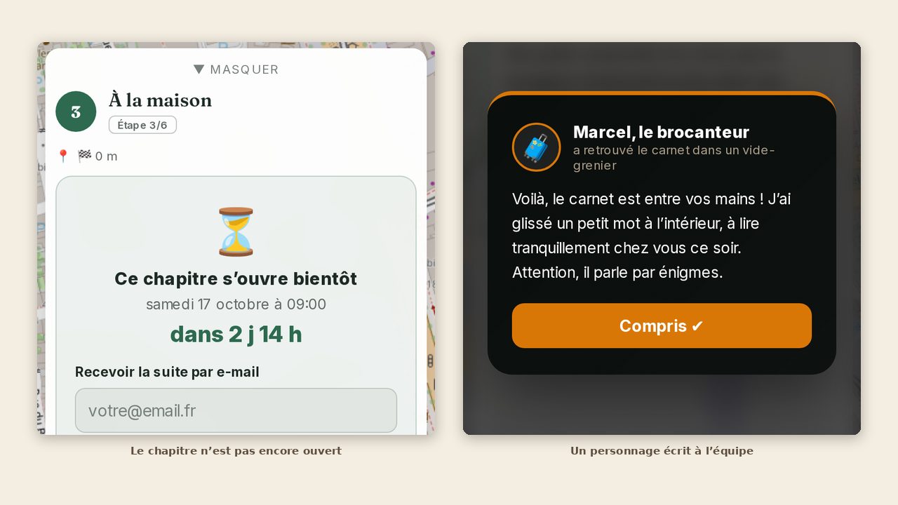 Sur un téléphone : l'écran d'attente d'un chapitre fermé avec sa date et son compte à rebours, puis le message d'un personnage