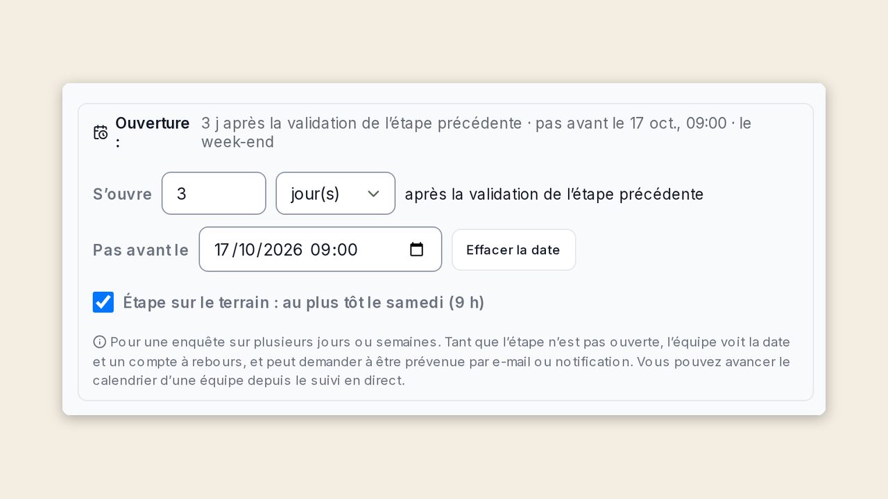 Le panneau Ouverture d'une étape dans l'éditeur : délai en jours, date « Pas avant le », case « au plus tôt le samedi (9 h) »