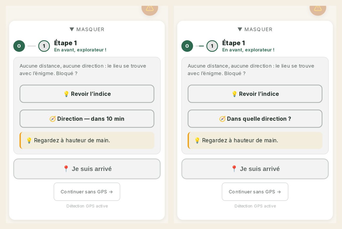 Deux téléphones de la même équipe, à l'étape 1 du mode Aucun repère. L'indice « Regardez à hauteur de main. » est affiché sur les deux, avec le bouton « Revoir l'indice », alors qu'il n'a été demandé que sur celui de gauche.