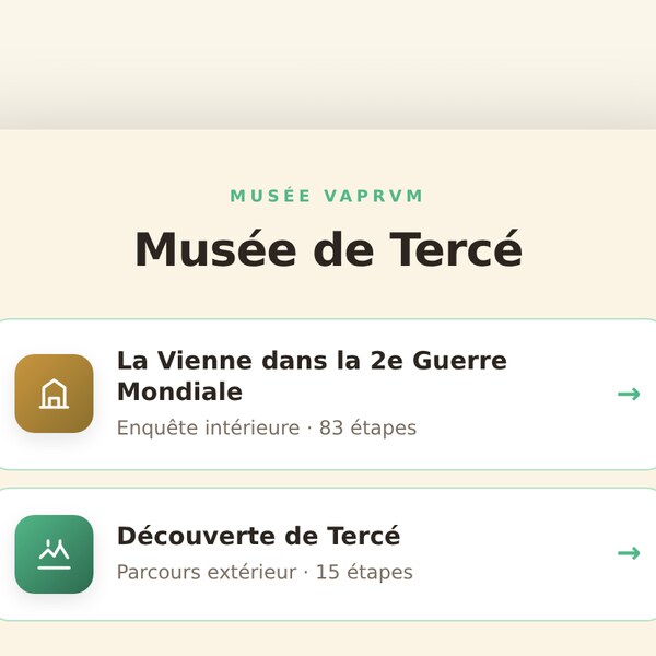 Page d'accueil du QR multi-quêtes Musée de Tercé : 2 cartes, l'enquête intérieure et la rando extérieure