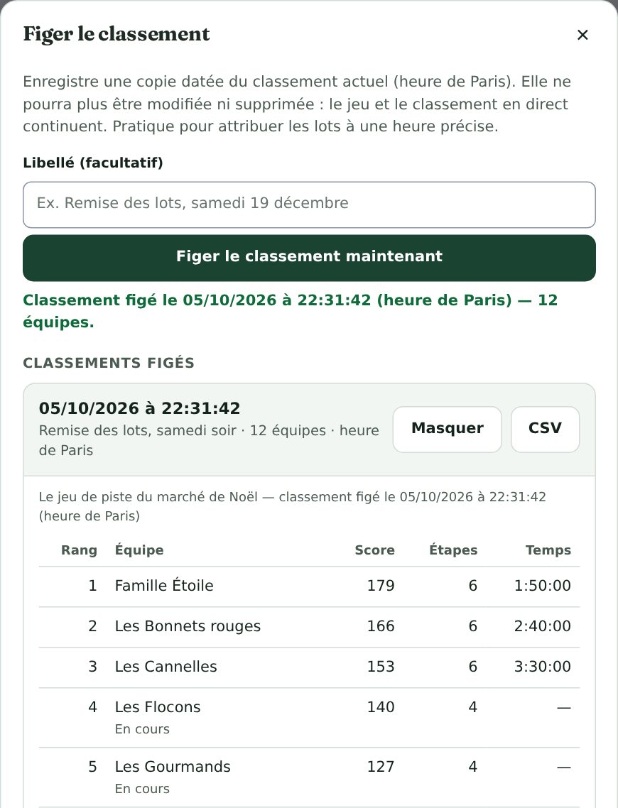 La fenêtre « Figer le classement » : le champ de libellé, le bouton « Figer le classement maintenant », le message « Classement figé le 05/10/2026 à 22:31:42 (heure de Paris), 12 équipes », puis la liste des classements figés avec les boutons Masquer et CSV et le tableau des premières équipes.