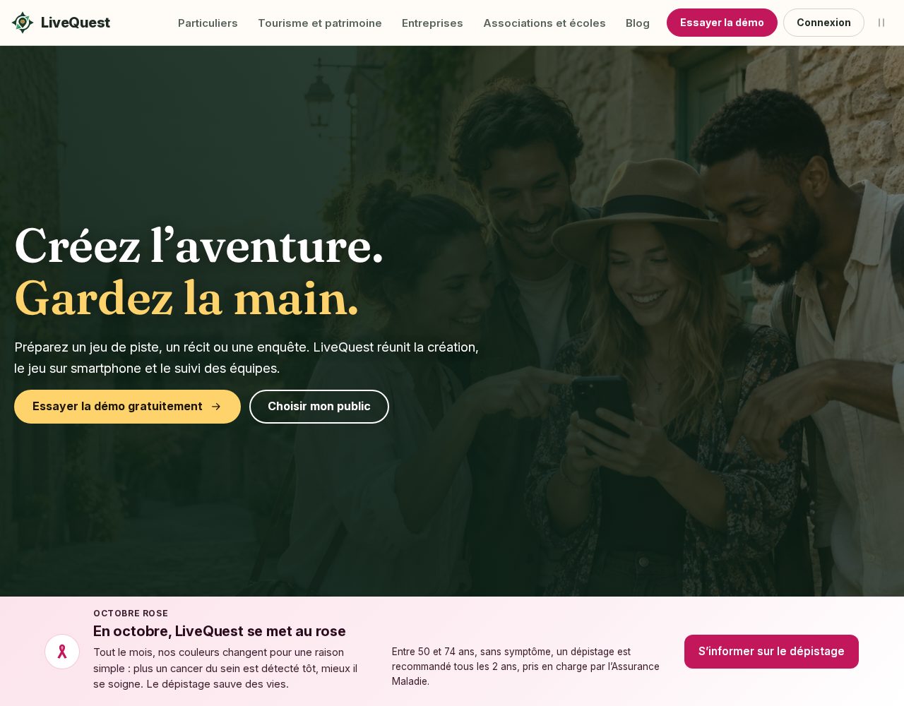 Page d'accueil de LiveQuest en octobre, avec un bandeau rose de prévention au-dessus du titre