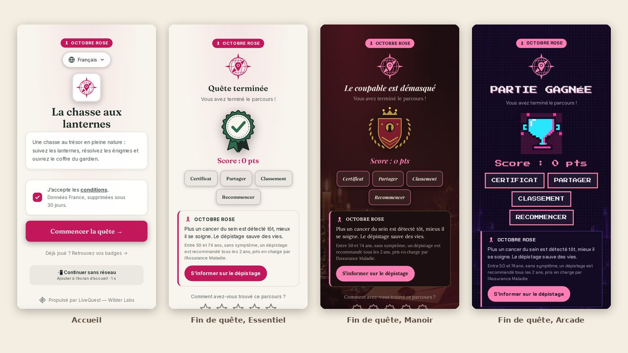 Une quête en Octobre Rose : accueil en Essentiel, puis écrans de fin en Essentiel, Manoir et Arcade avec l'encart de prévention