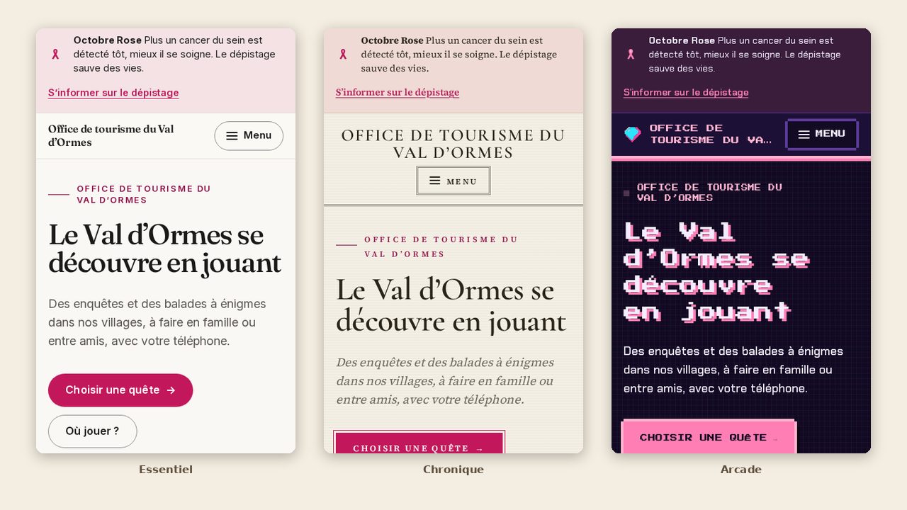 Trois sites d'organisateurs en Octobre Rose : thèmes Essentiel, Chronique et Arcade, avec le bandeau de prévention