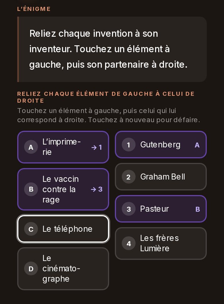 Épreuve Relier les paires sur téléphone : inventions à gauche, inventeurs à droite, deux liens déjà posés