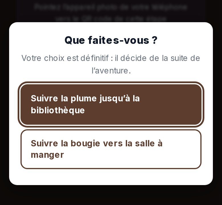 Écran de choix d'un récit à embranchements sur téléphone : deux propositions, suivre la plume ou suivre la bougie
