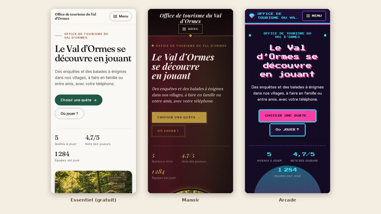 Trois versions mobiles d'un même site : thème Essentiel, thème Manoir et thème Arcade