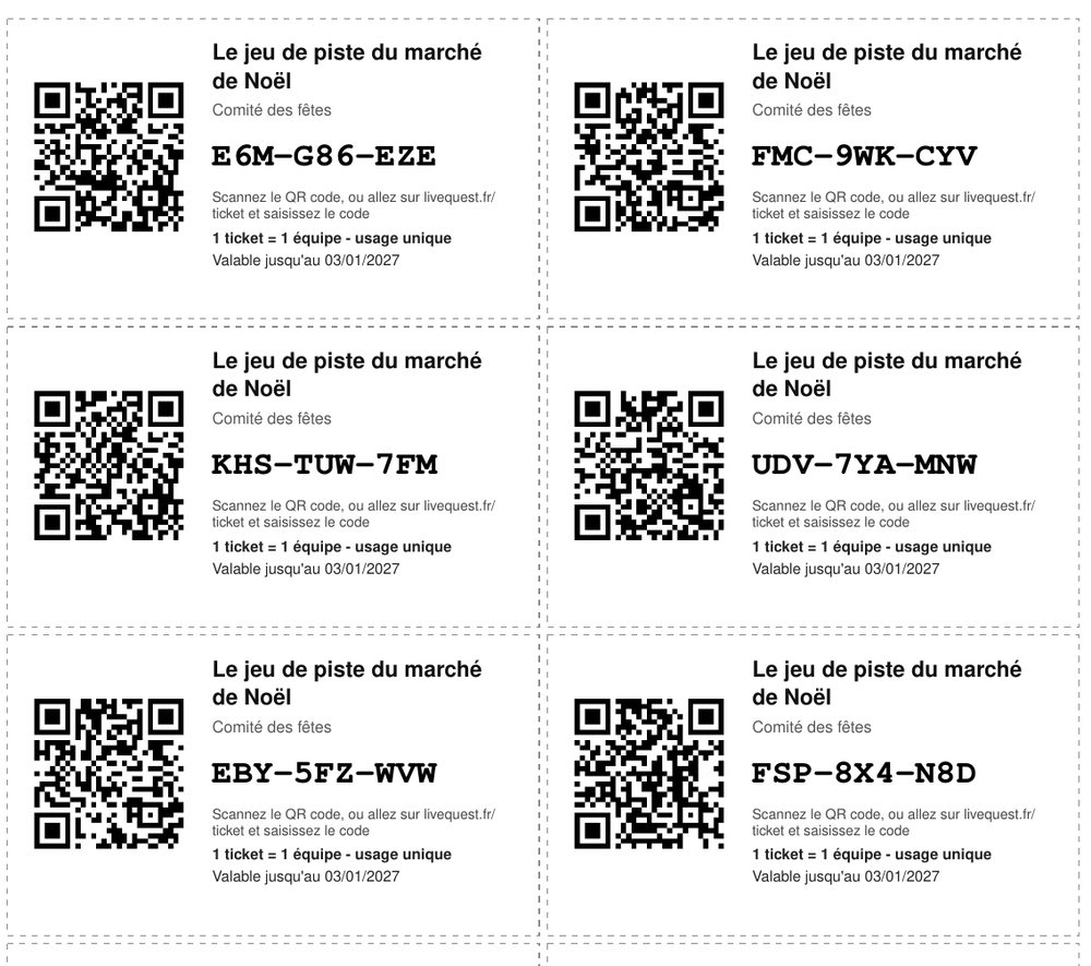 Une planche PDF de tickets : six tickets visibles, chacun avec le nom de la quête, un QR code, le code en caractères larges, la mention « 1 ticket = 1 équipe - usage unique » et la date de fin de validité.