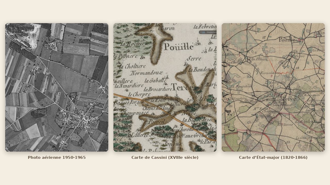 Trois fonds de carte historiques sur un même secteur : photo aérienne 1950-1965, carte de Cassini, carte d'État-major