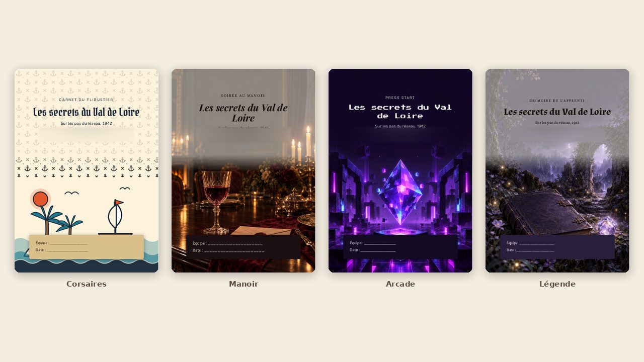 Pages de garde du livret PDF dans quatre univers : Corsaires, Manoir, Arcade et Légende