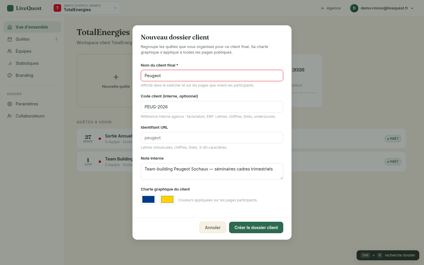 Modale création dossier client — Peugeot avec code interne et color pickers