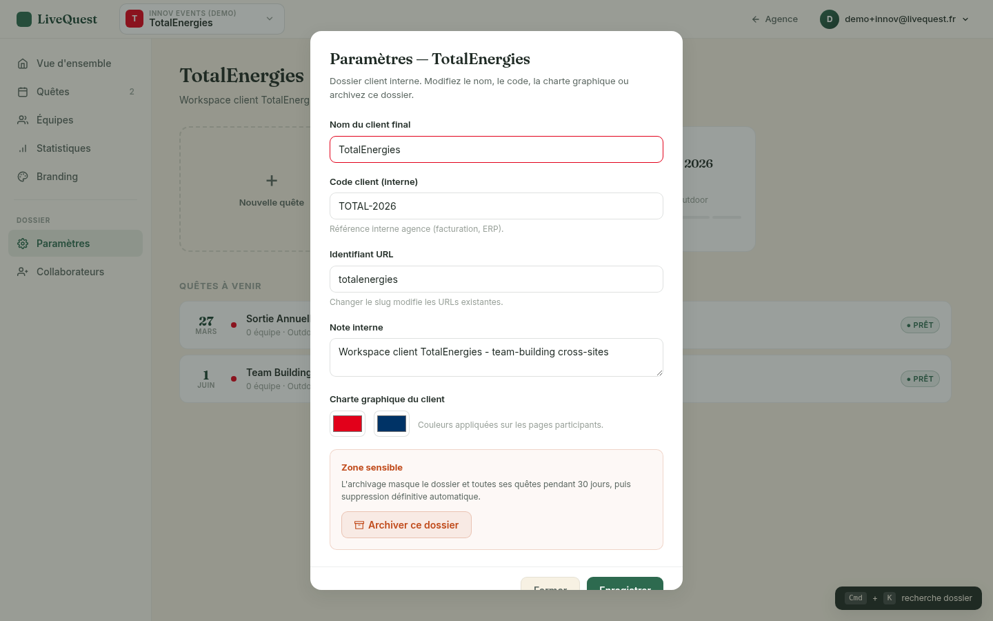 Paramètres du dossier — nom, code client, charte graphique, archivage