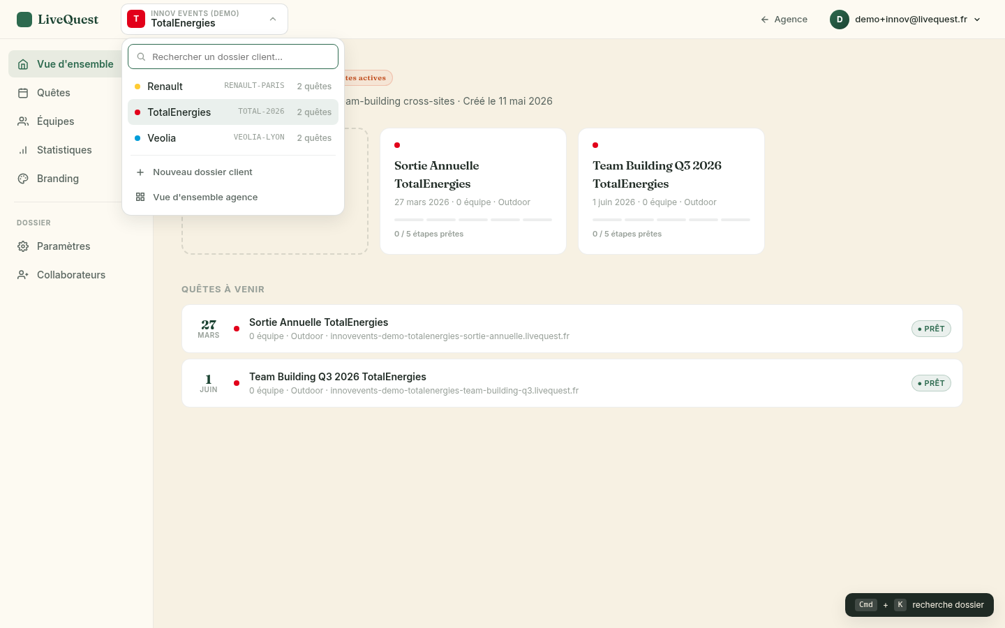Switcher dropdown — recherche rapide entre dossiers clients