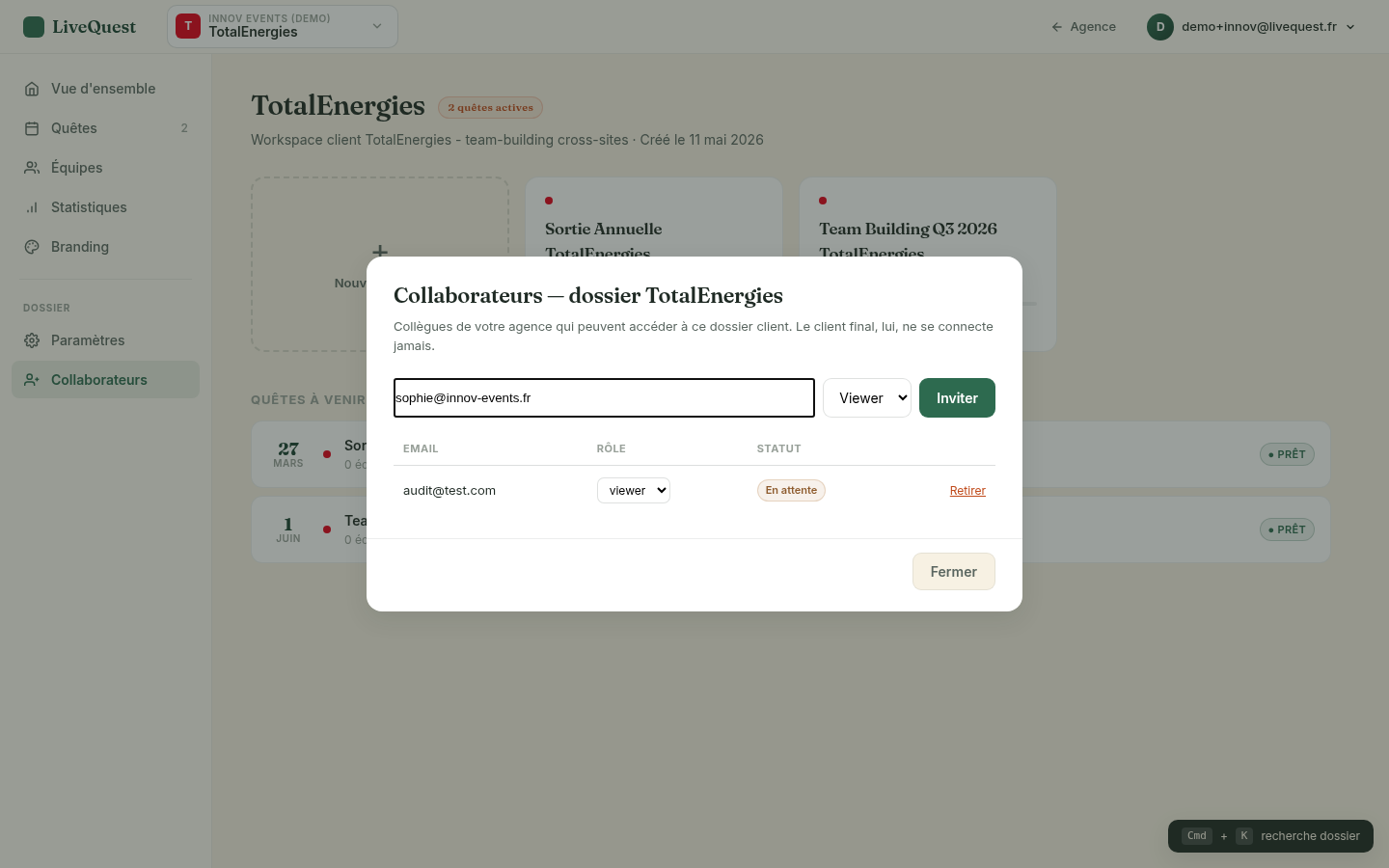 Modale Collaborateurs — invitations email avec rôles et statut