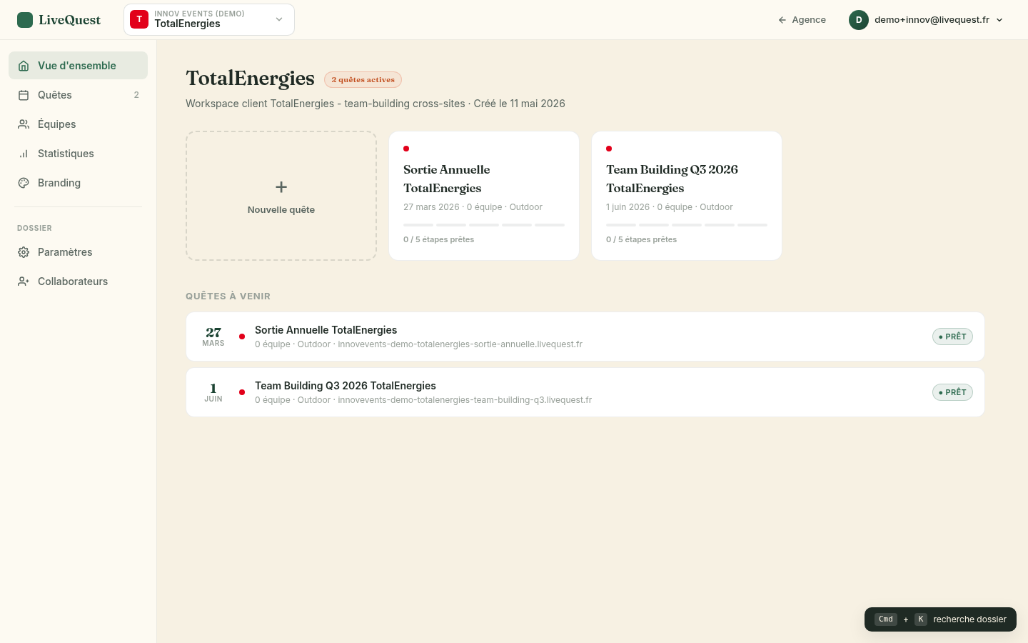 Espace dossier TotalEnergies — cards quêtes avec progress dots