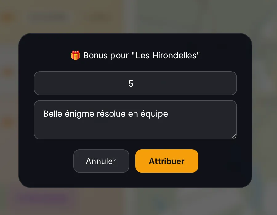 La fenêtre « Bonus pour Les Hirondelles » : 5 points et le motif « Belle énigme résolue en équipe ».