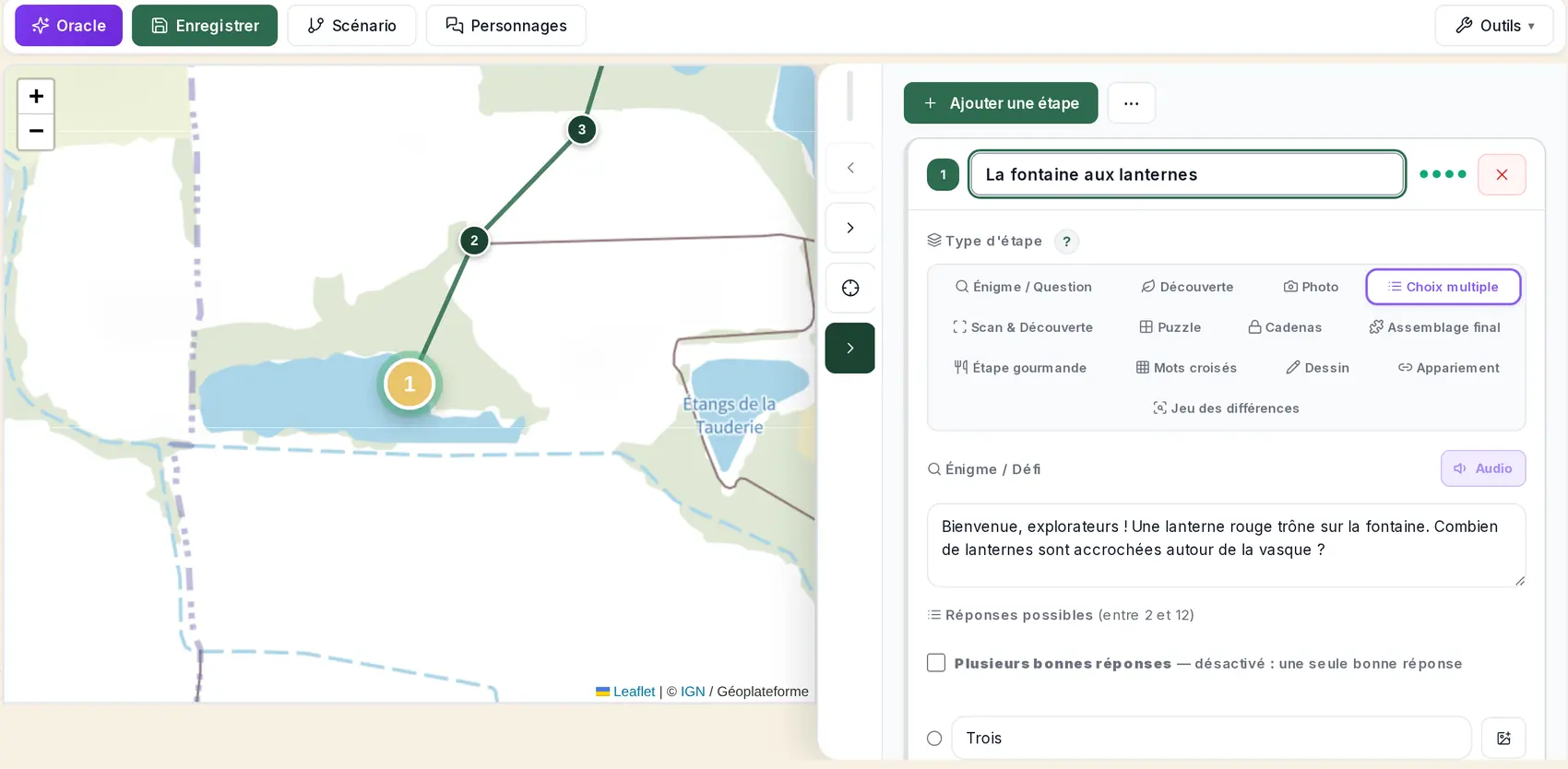 L’éditeur de quête : le parcours tracé sur la carte et la fiche d’une étape, dans une quête de démonstration.