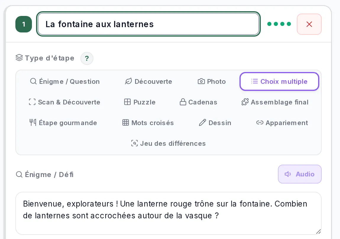 Le choix du type d’étape : énigme, découverte, photo, choix multiple, cadenas, puzzle, mots croisés, dessin, étape gourmande, et le texte de l’énigme.