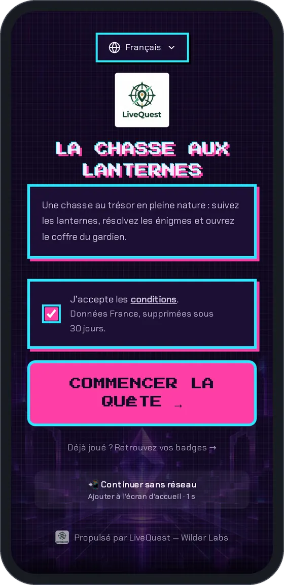 Accueil d’une quête : « La chasse aux lanternes », description et bouton Commencer la quête.