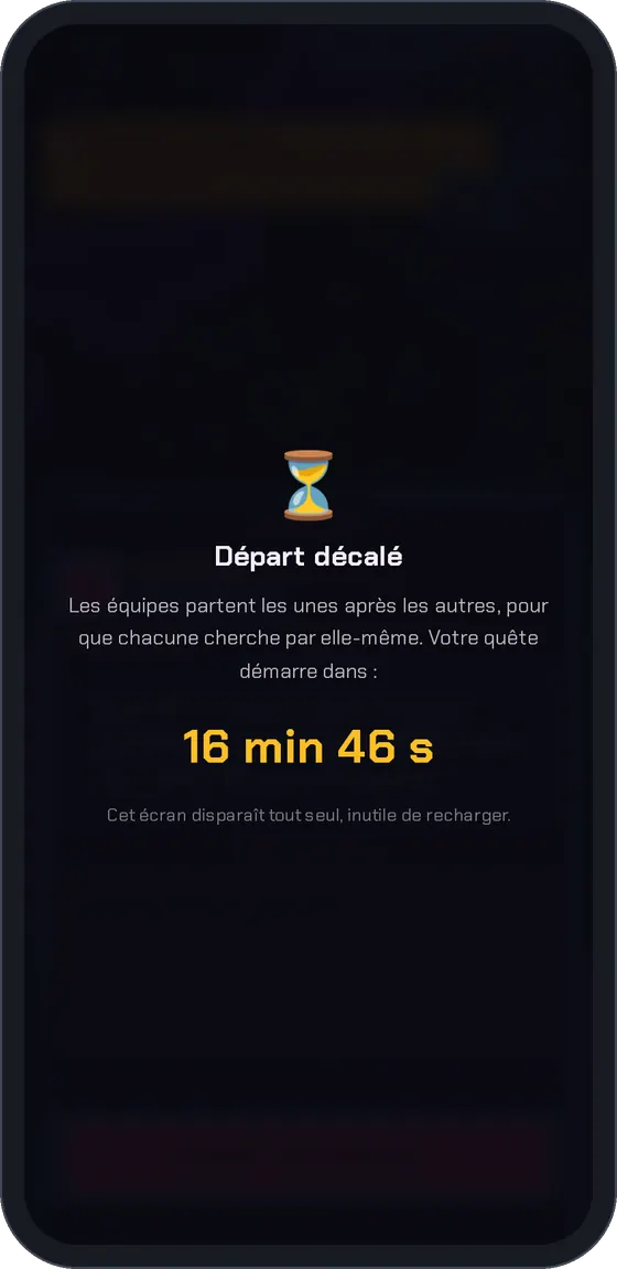 Écran d’attente « Départ décalé » avec un compte à rebours.