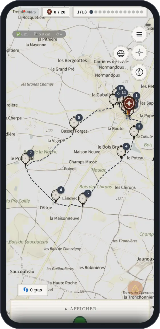 Carte de la randonnée énigmes de Tercé, quête réelle du musée : tracé en pointillé et étapes numérotées.