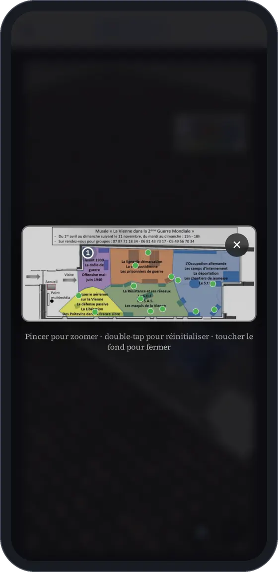 Plan du musée de Tercé en 2D dans une fenêtre de zoom, avec la position de la première étape.