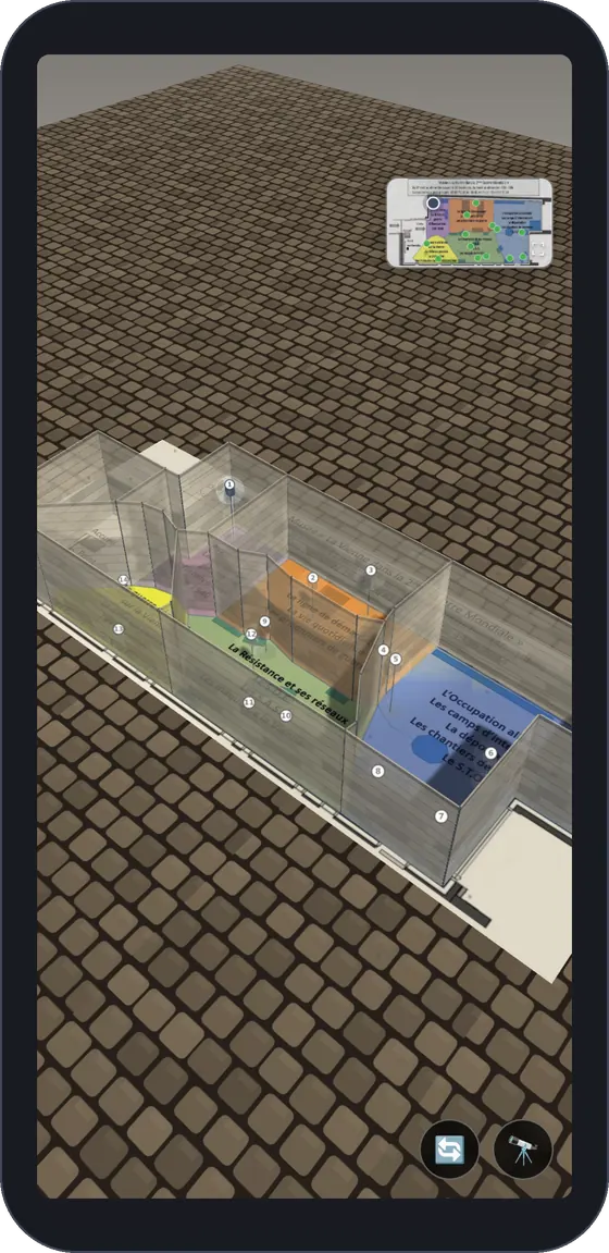 Vue 3D des salles du musée de Tercé : murs, zones colorées et étapes numérotées. Capture de la quête réelle du musée.