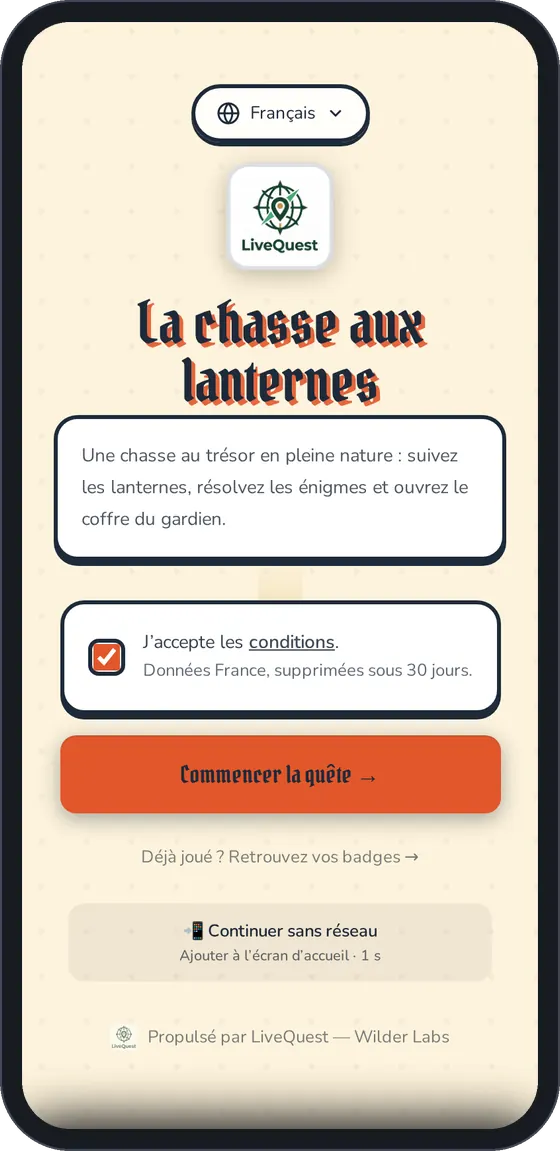 Accueil de la quête sur un téléphone, avec le bouton Commencer la quête.