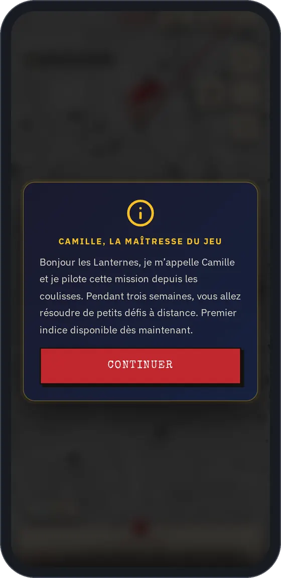 Le message de Camille, la maîtresse du jeu.