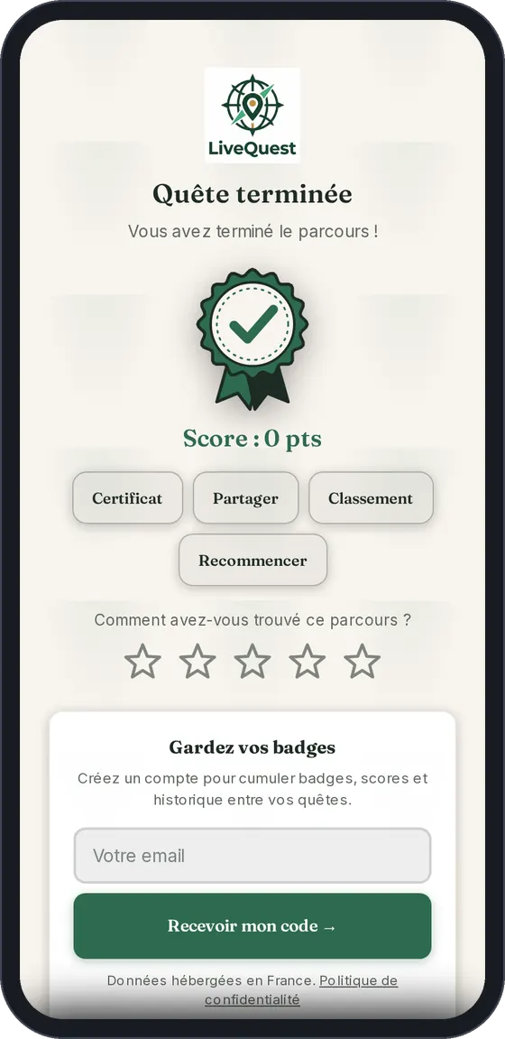 Écran de fin de partie : « Quête terminée », le score, le certificat, le partage et le classement.