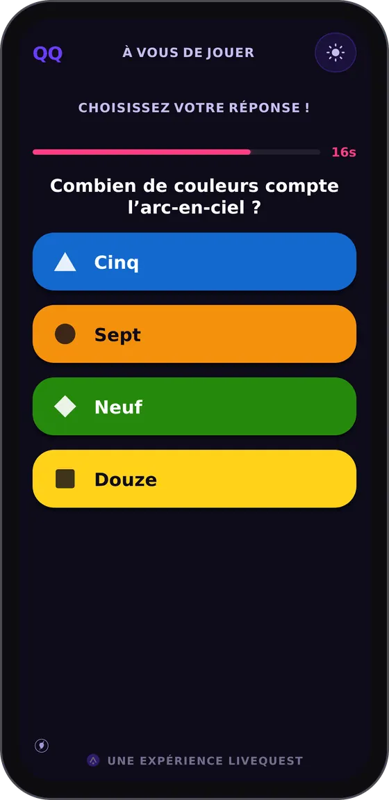 Le téléphone d’un participant : une question et quatre réponses de couleur.