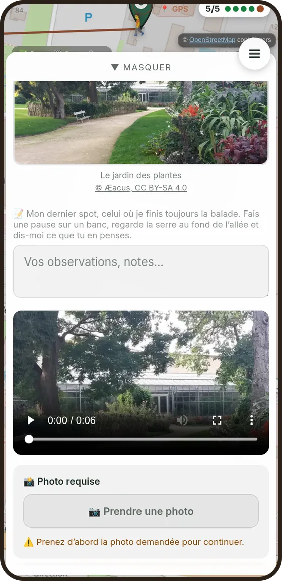 L’étape « Le jardin des plantes » sur un téléphone : la photo du lieu avec son crédit, le mot de son auteur, une vidéo prête à être lancée et un défi photo à relever.