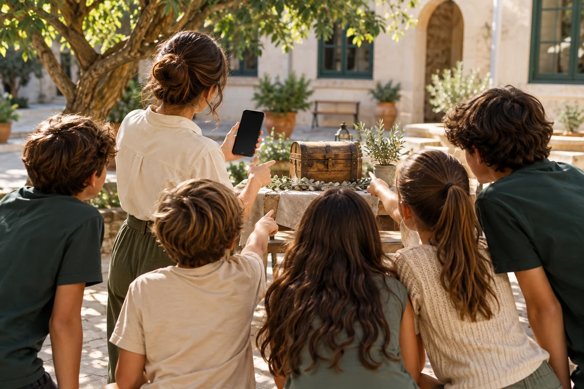 Un adulte et des enfants de dos dans une cour ensoleillée : ils regardent un téléphone et cherchent un coffret.