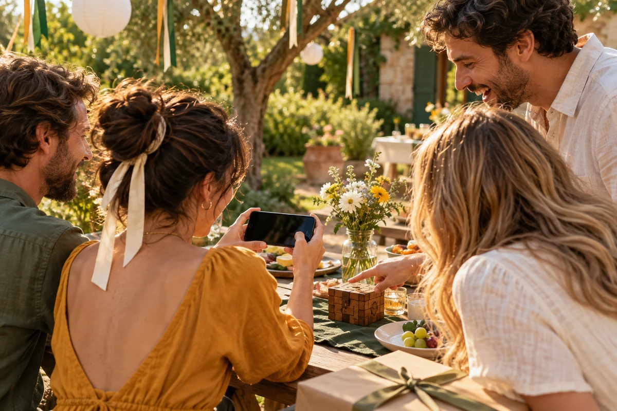 Des proches réunis autour d’une table de fête, l’un tient un téléphone et cherche un coffret.