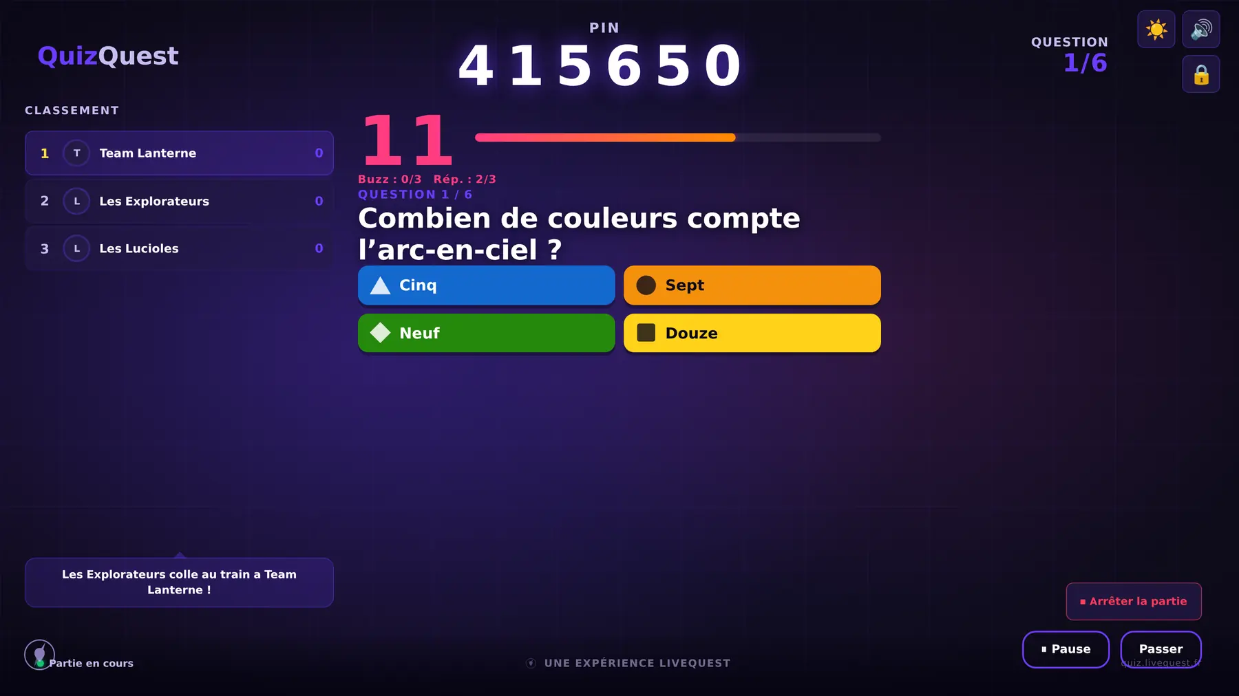 La régie du quiz : le code à six chiffres pour rejoindre, le QR code et les équipes connectées.