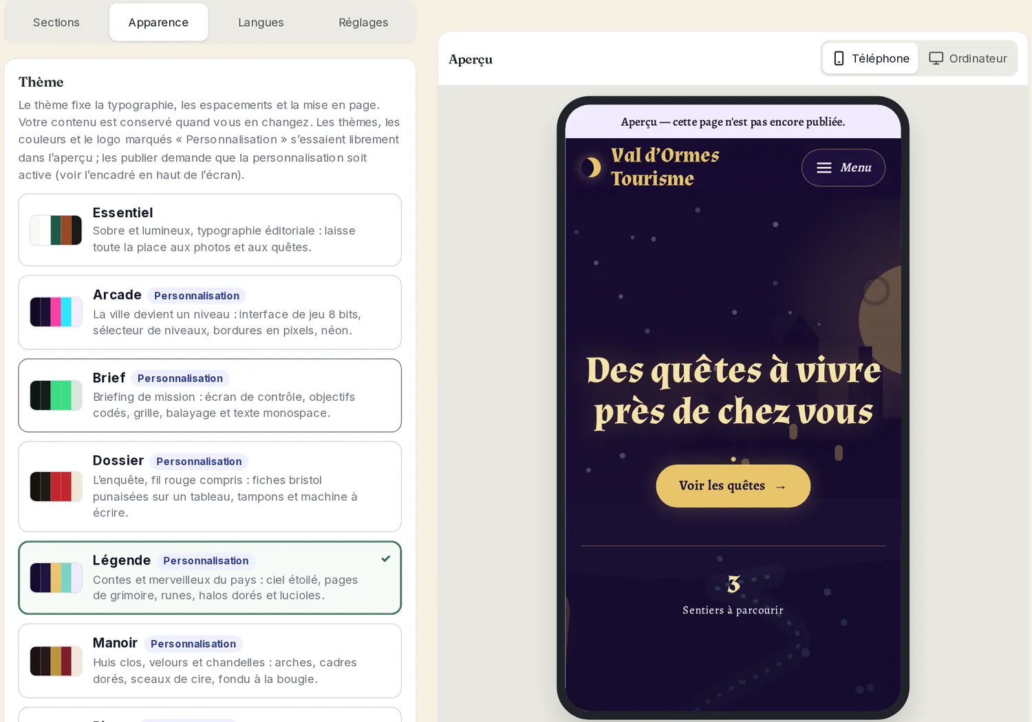 L’éditeur du site : la liste des thèmes d’univers à gauche (Légende choisi) et, à droite, l’aperçu sur téléphone : un ciel étoilé et le titre « Des quêtes à vivre près de chez vous ».