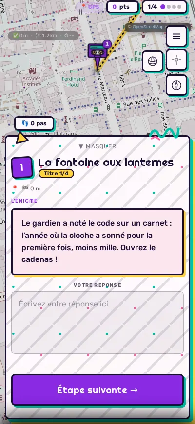 Fiche d’étape dans l’univers Années 80-90 : cadre Memphis décalé, gribouillis et bouton violet.