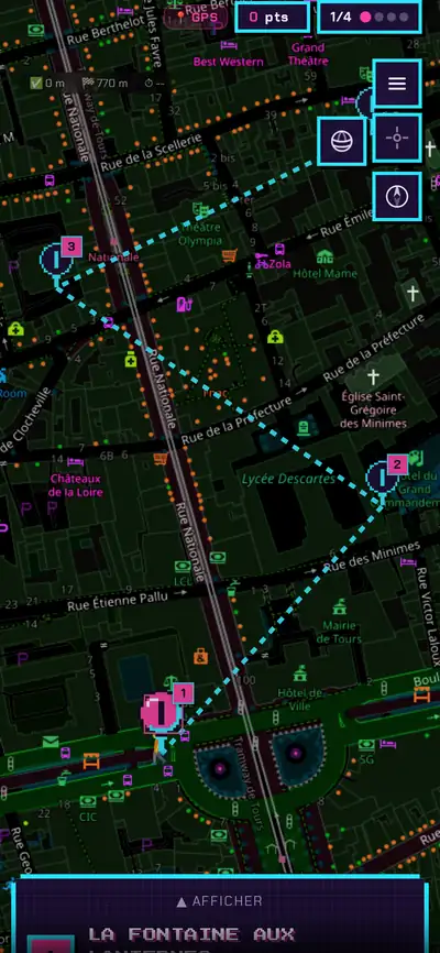 Carte d’une quête dans l’univers Arcade : carte néon sombre, tracé cyan en pointillé et marqueurs en pièce.