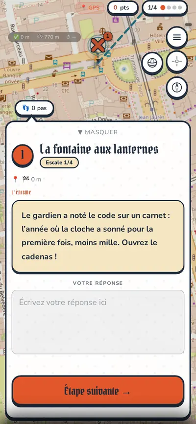 Fiche d’étape dans l’univers Corsaires : bulle au cadre noir épais, pastille corail et bouton corail.