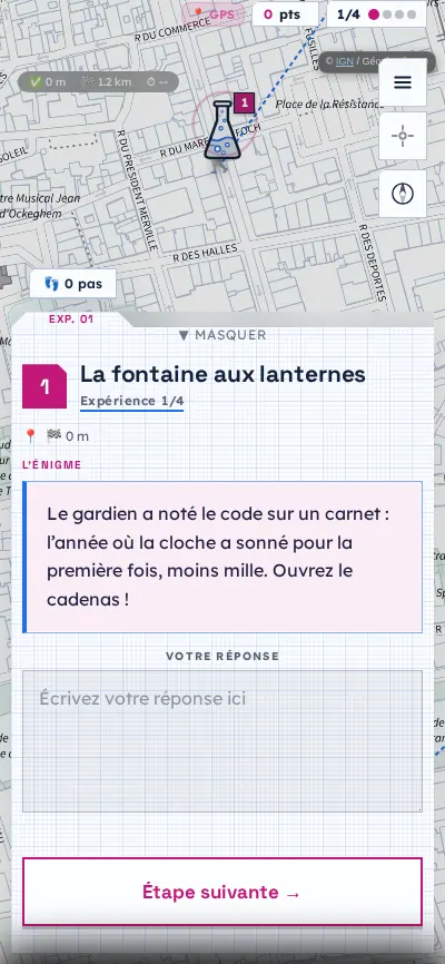 Fiche d’étape dans l’univers Laboratoire : fiche à onglet de classeur sur papier millimétré et bouton fuchsia.