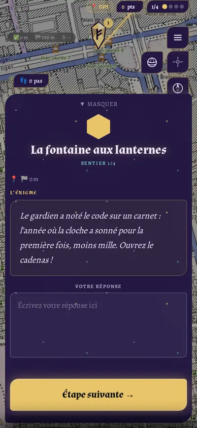 Fiche d’étape dans l’univers Légende : rune dorée, texte en italique sur fond violet nuit et bouton or.