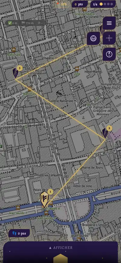 Carte d’une quête dans l’univers Légende : carte bleutée, tracé doré lumineux et marqueurs en pierre runique.